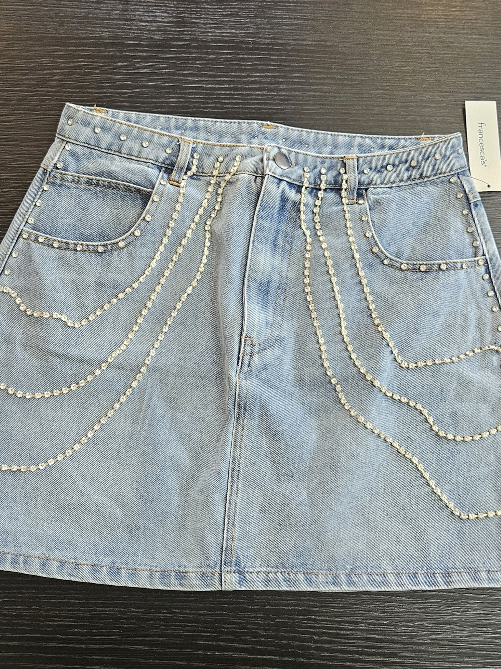 Francesca's Collections Light Blue Denim Mini Skirt with Crystal Trim